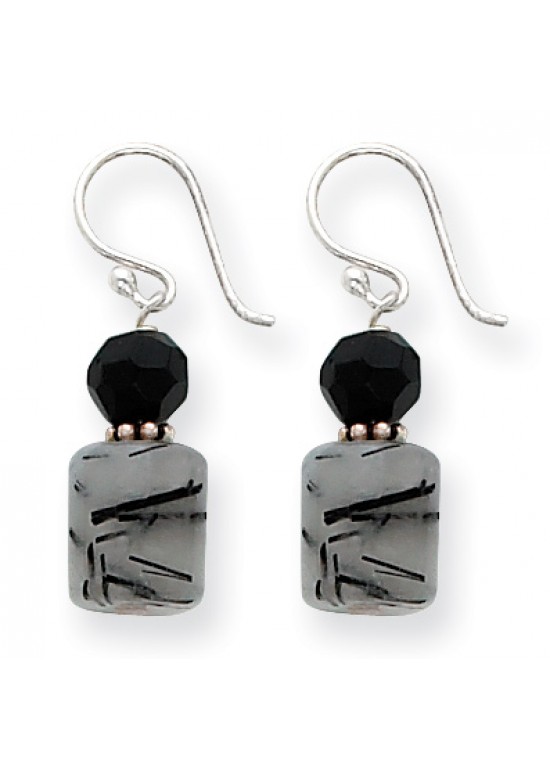 Black Sterling Silver Black Crystal & Tourmalinated Quartz Earrings