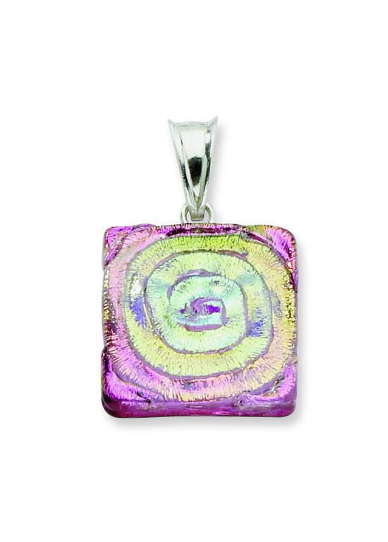 Pink Dichroic Glass Square Pendant in Sterling Silver (QK-QC6583)