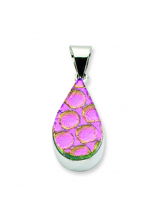 Pink Dichroic Glass Teardrop Pendant in Sterling Silver (QK-QC6594)