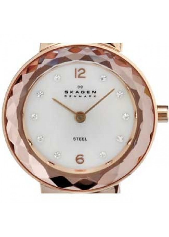 Skagen Leather Collection Rose Gold Ion Plated SS Ladies Watch-456SRLW-dial