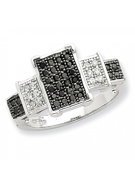 Sterling Silver Rhodium Black & White CZ Square Ring