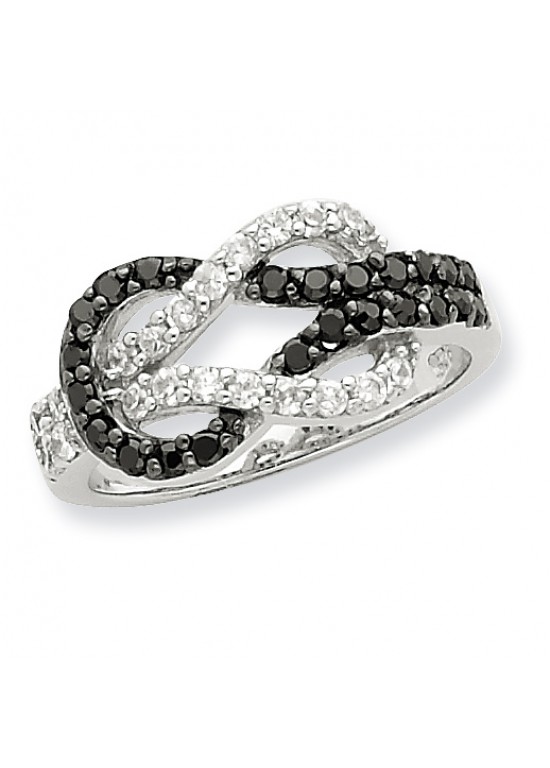 Sterling Silver Rhodium Black and Clear CZ Love Knot Ring