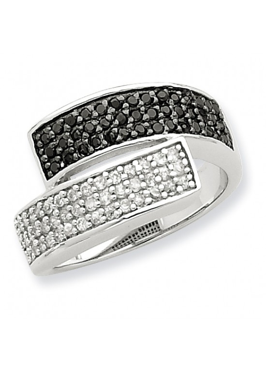 Sterling Silver Rhodium Black and Clear CZ Overlapping Ring