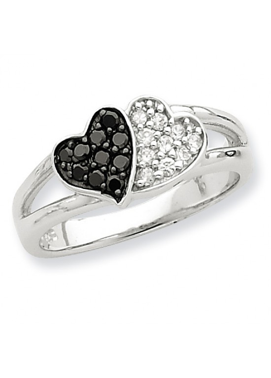 Sterling Silver Rhodium Clear & Black CZ Hearts Ring