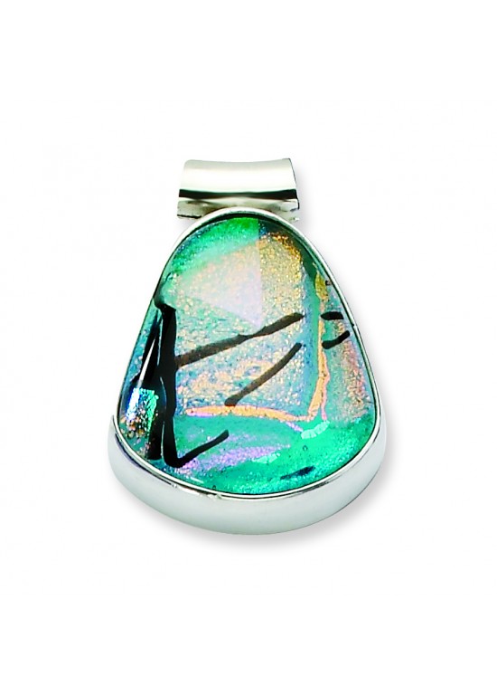 Teal Dichroic Glass Teardrop Pendant in Sterling Silver (QK-QC6589)