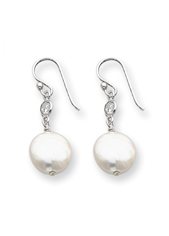 White Sterling Silver Freshwater Cultured Coin Pearl and CZ Earrings
