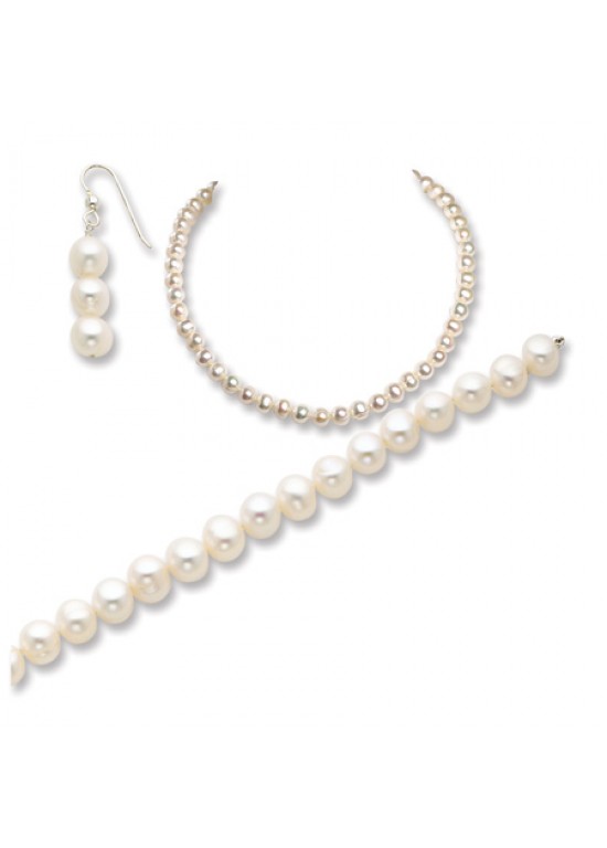 White SS Freshwater Cultured Pearl Necklace/Earrings/Bracelet Set