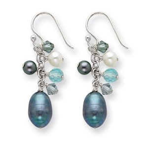 Multicolor SS Blue Crystal/Peacock & White FW Cultured Pearl Earrings