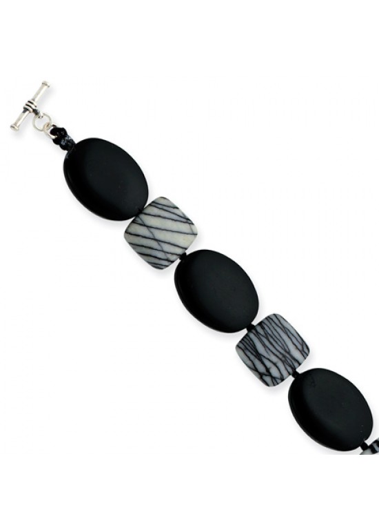 Black Sterling Silver Black Agate & Zebra Jasper Bracelet