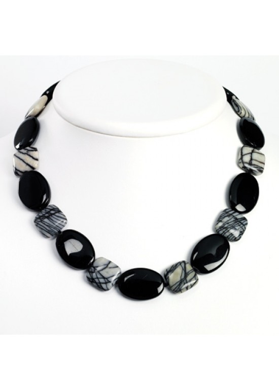 Black Sterling Silver Black Agate & Zebra Jasper Necklace