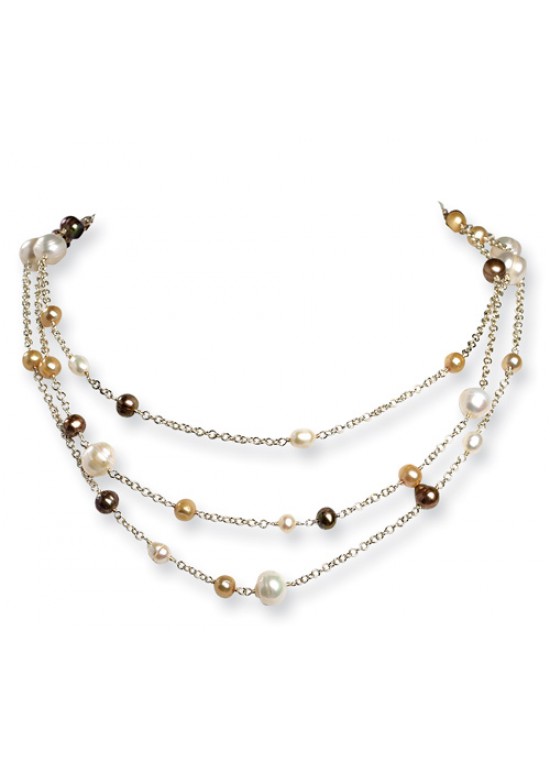 Multicolor SS Cultured White/Golden/Champagne Pearl Necklace