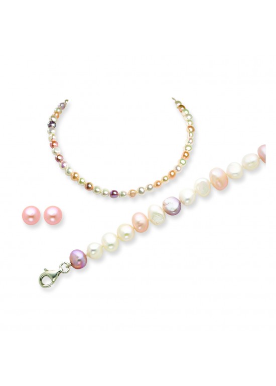 Multicolor SS Freshwater Cultured Pearl Earring/Bracelet/Necklace Set