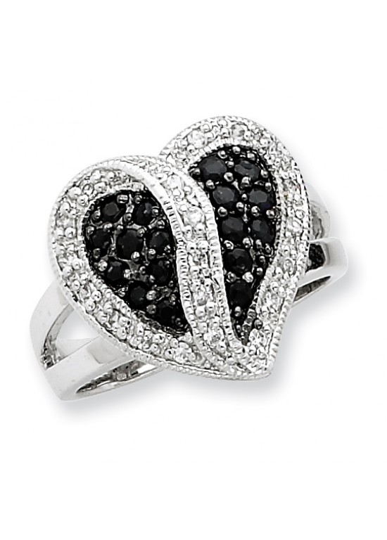 Sterling Silver Antiqued Black & Clear CZ Heart Ring
