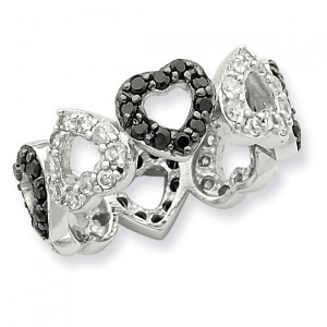 Sterling Silver Rhodium Black & White CZ Hearts Ring