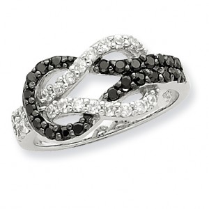Sterling Silver Rhodium Black and Clear CZ Love Knot Ring