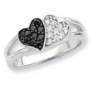 Sterling Silver Rhodium Clear & Black CZ Hearts Ring